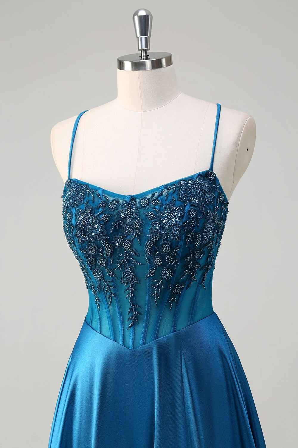 HEULORIA Luxurious Peacock Blue Beaded Evening Gown: Illusion Corset Bodice A-Line Satin Prom Dress with Lace-up Back ED-370