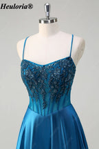 HEULORIA Peacock Blue Beaded Corset Satin A-Line Prom Dress ED-370
