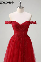 HEULORIA Red Off-the-Shoulder Lace Corset A-Line Tulle Prom Dress ED-351