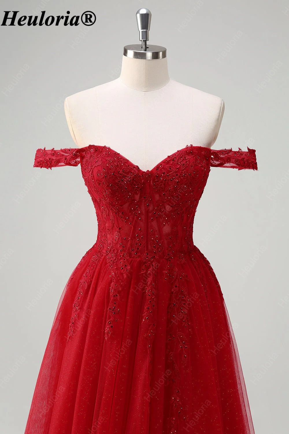 HEULORIA Red Off-the-Shoulder Lace Corset A-Line Tulle Prom Dress ED-351