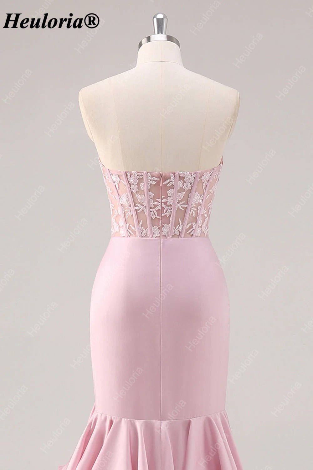 Blush Pink Strapless Lace Corset Tiered Mermaid Prom Dress with Slit ED-251
