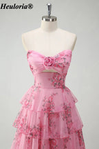 HEULORIA Blush Floral Strapless Tiered A-Line Prom Dress with Rosette ED-347