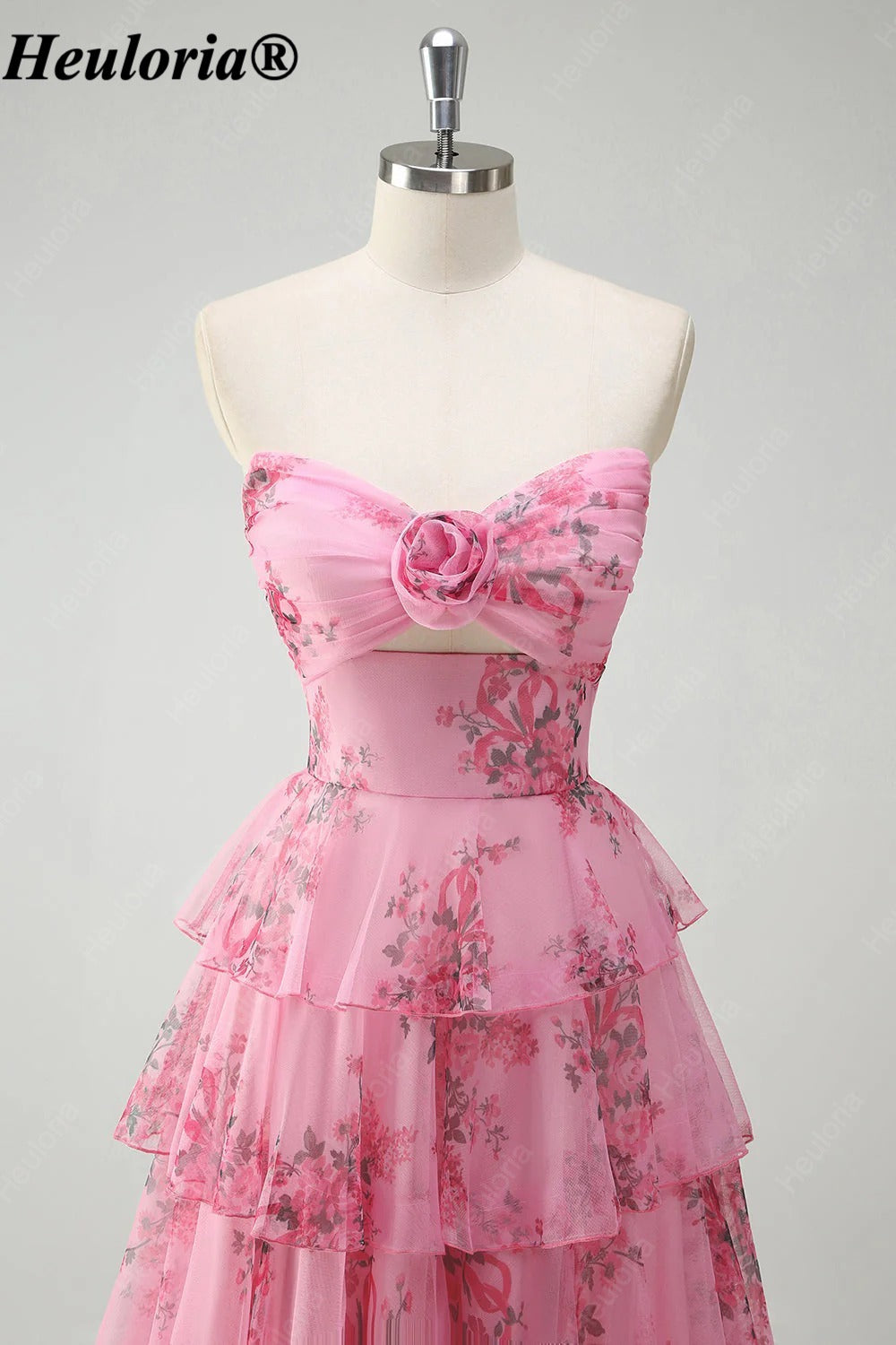 HEULORIA Blush Floral Strapless Tiered A-Line Prom Dress with Rosette ED-347