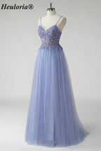 Heuloria Ethereal Beaded Lace Tulle A-Line Prom Dress with Spaghetti Straps and Illusion Bodice ED-503