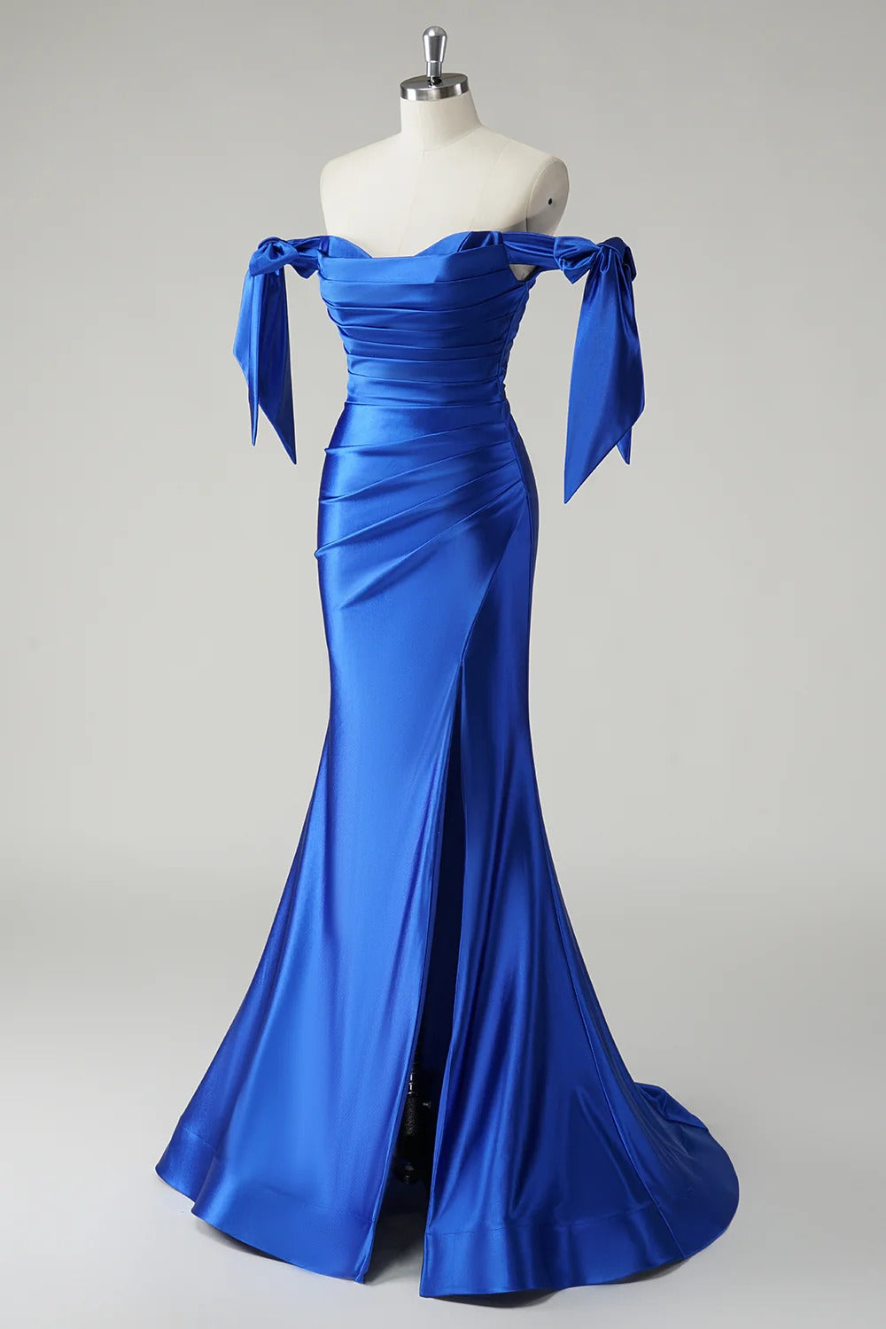 HEULORIA Elegant Royal Blue Off-the-Shoulder Satin Mermaid Evening Dress with High Slit and Bow Knots ED-504