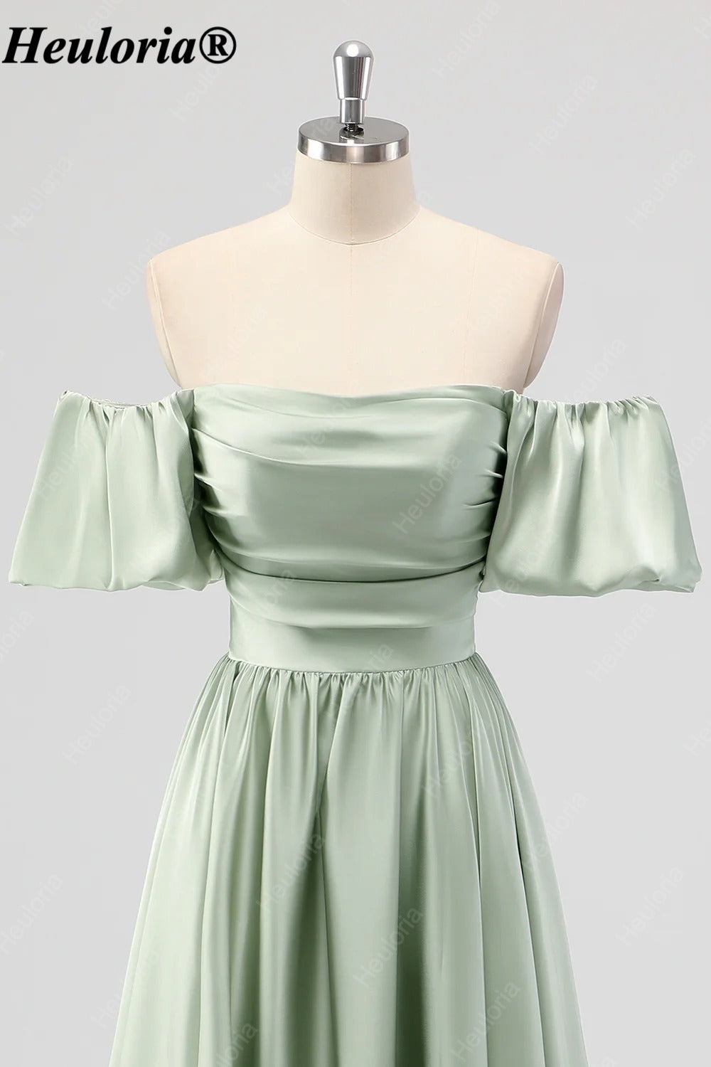 HEULORIA Sage Green Off-Shoulder Satin Tea-Length Bridesmaid Dress ED-541