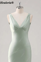 heuloria Sage Green V-Neck Satin Bridesmaid Dress with Low Cowl Back ed-526