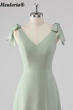 heuloria Sage Green V-Neck Bridesmaid Dress with Bow Shoulders and Slit ed-531
