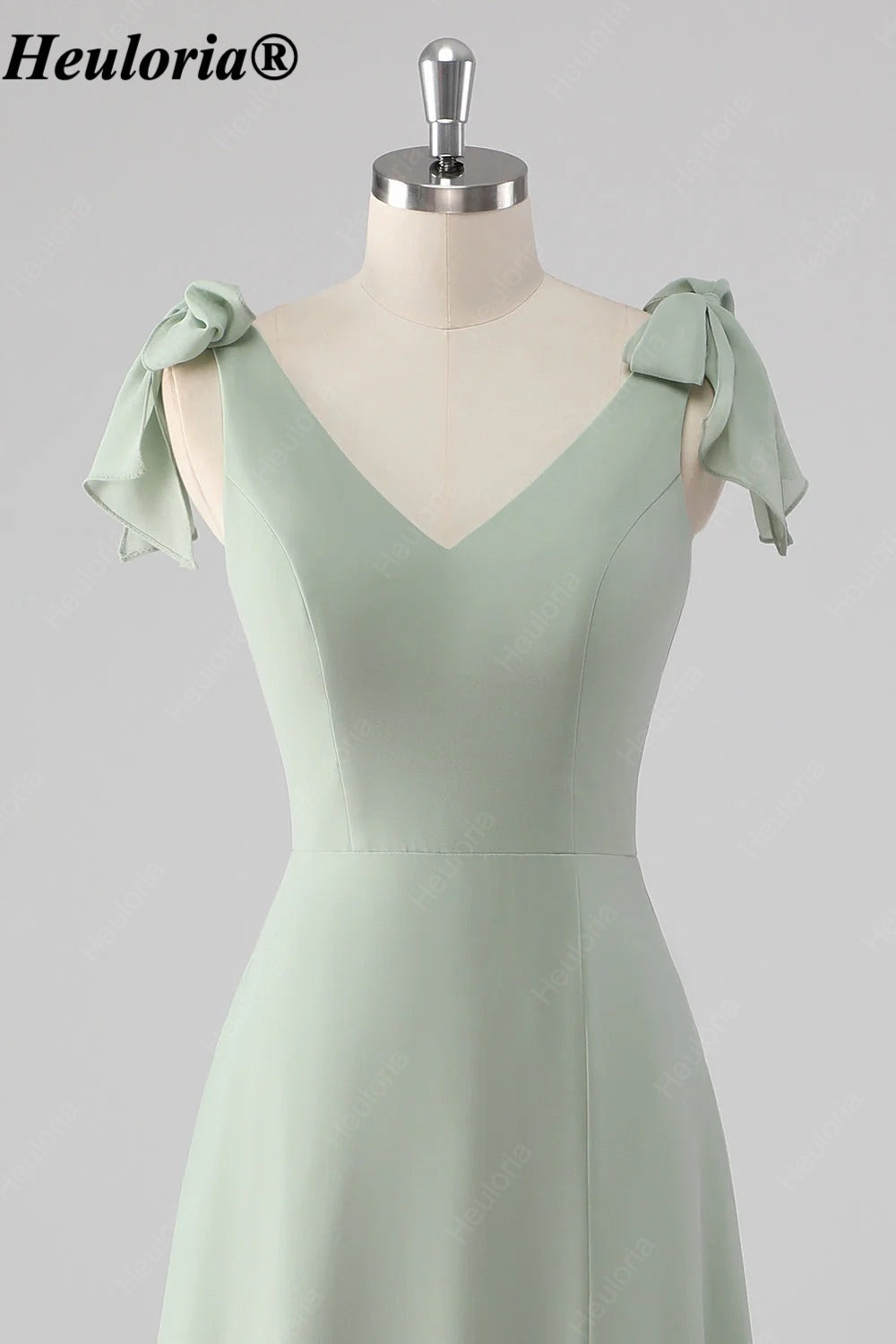 heuloria Sage Green V-Neck Bridesmaid Dress with Bow Shoulders and Slit ed-531