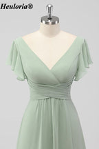 heuloria Sage Green V-Neck Flutter Sleeve Bridesmaid Dress with Draped Skirt ed-530