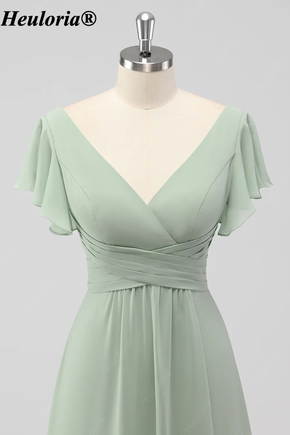heuloria Sage Green V-Neck Flutter Sleeve Bridesmaid Dress with Draped Skirt ed-530