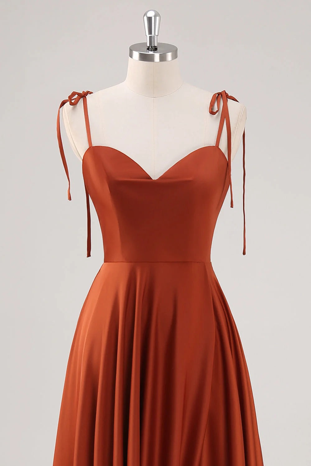 HEULORIA Rust Satin Cowl Sweetheart Maxi Dress with Tie-Shoulder Straps and Side Slit ED-249