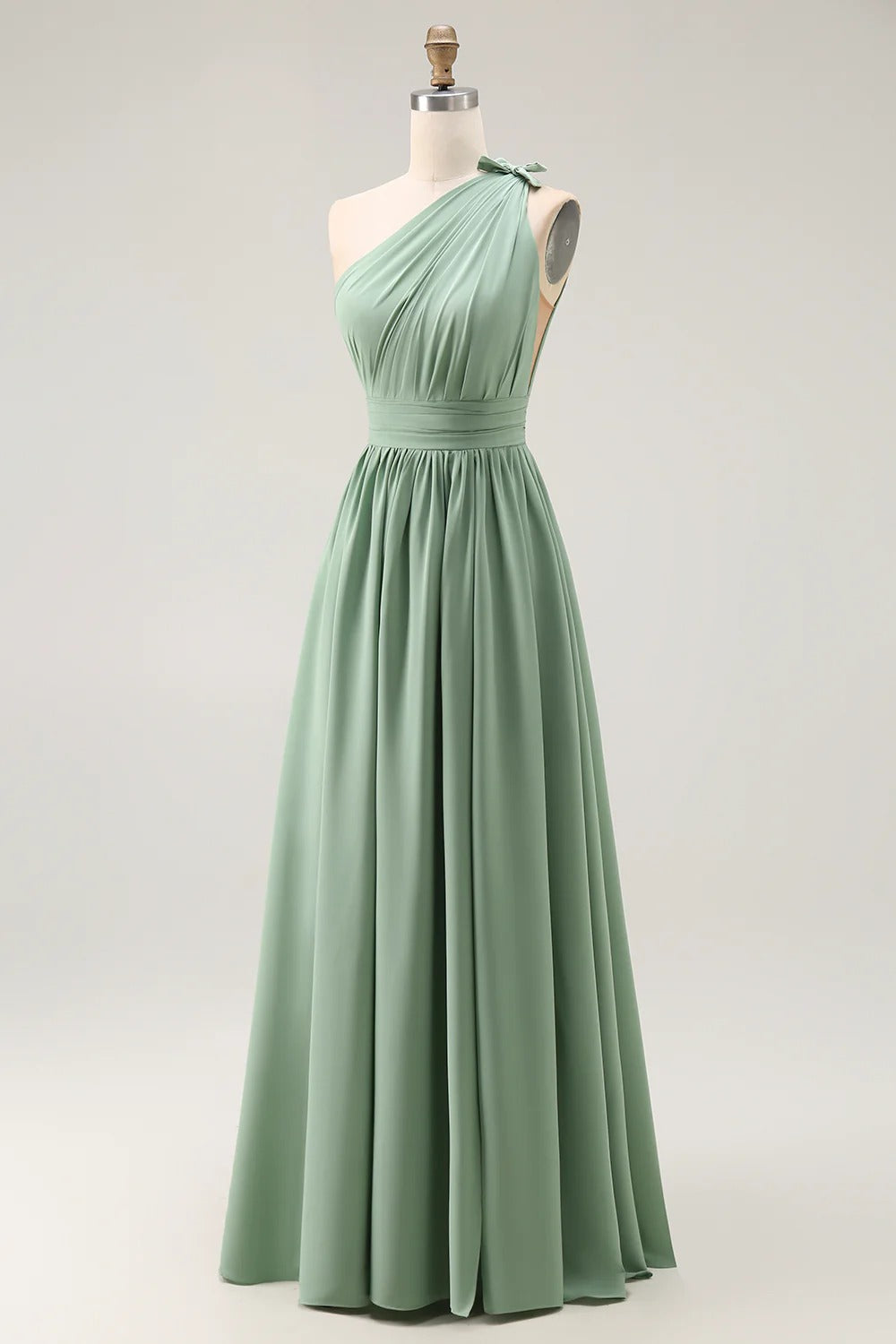 HEULORIA Sage Green One-Shoulder Pleated Chiffon Floor-Length Bridesmaid & Evening Dress ED-243