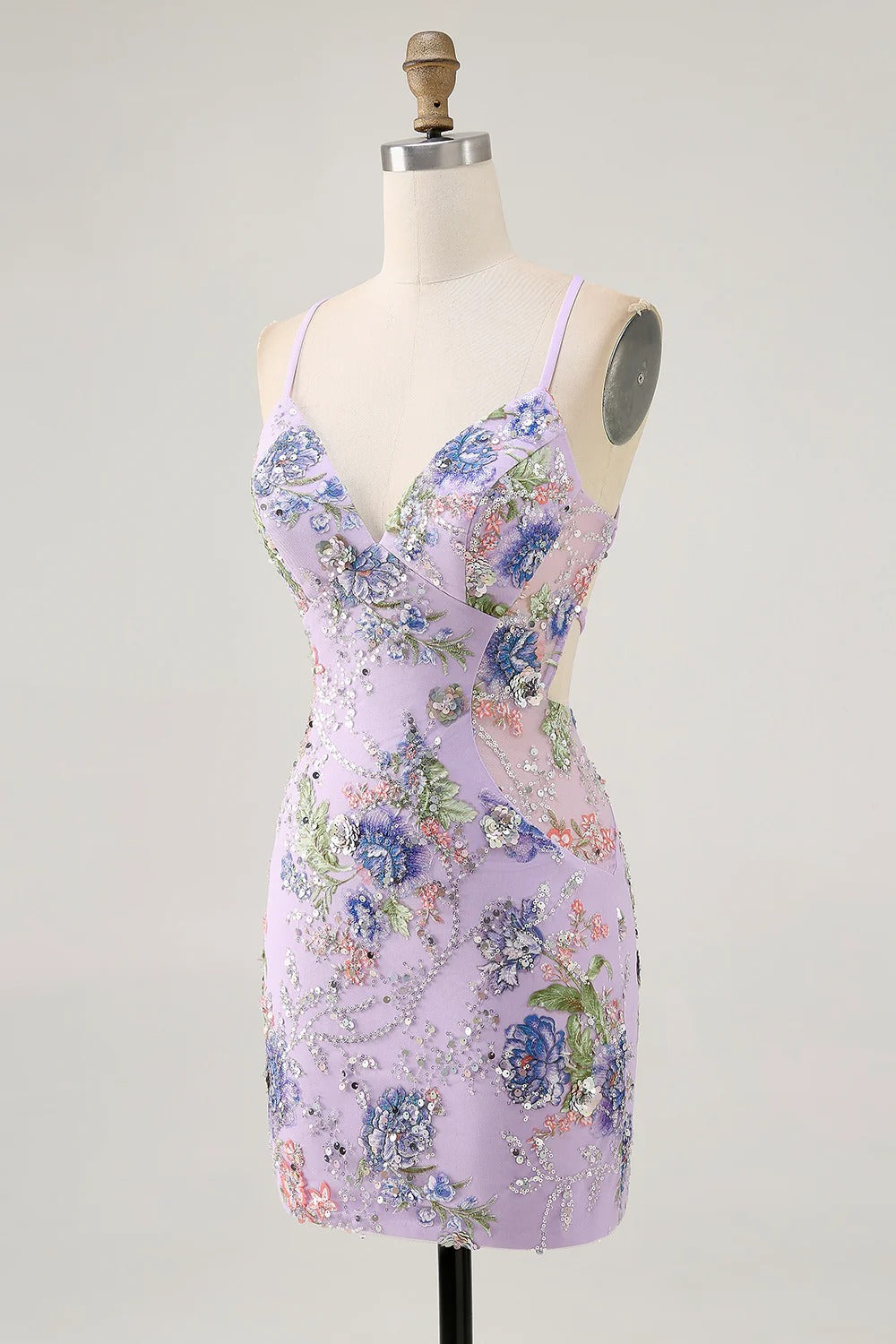 HEULORIA Floral Embroidered Sequin Bodycon Mini Dress with Sheer Mesh Cut-outs and Lace-Up Back ED-597