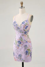 HEULORIA Floral Embroidered Sequin Bodycon Mini Dress with Sheer Mesh Cut-outs and Lace-Up Back ED-597