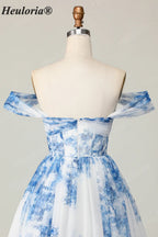 HEULORIA French Chic Blue and White Floral Tulle Mini Party Dress - Convertible Off-the-Shoulder A-Line Cocktail Gown ED-656