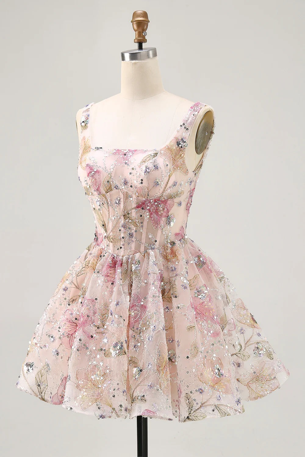 HEULORIA Sparkly Floral Embroidered Mini Homecoming Dress with Corset Bodice and Lace-up Back ED-598