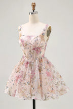 HEULORIA Sparkly Floral Embroidered Mini Homecoming Dress with Corset Bodice and Lace-up Back ED-598