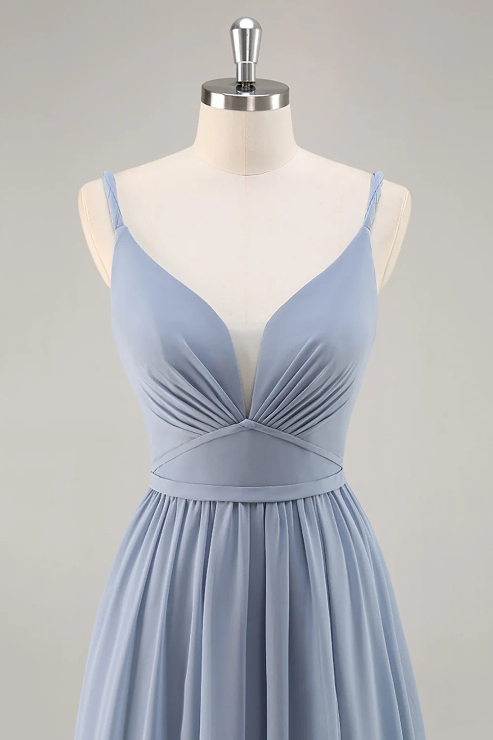 HEULORIA Dusty Blue V-Neck Chiffon Bridesmaid Dress with Twisted Straps and Side Slit ED-259
