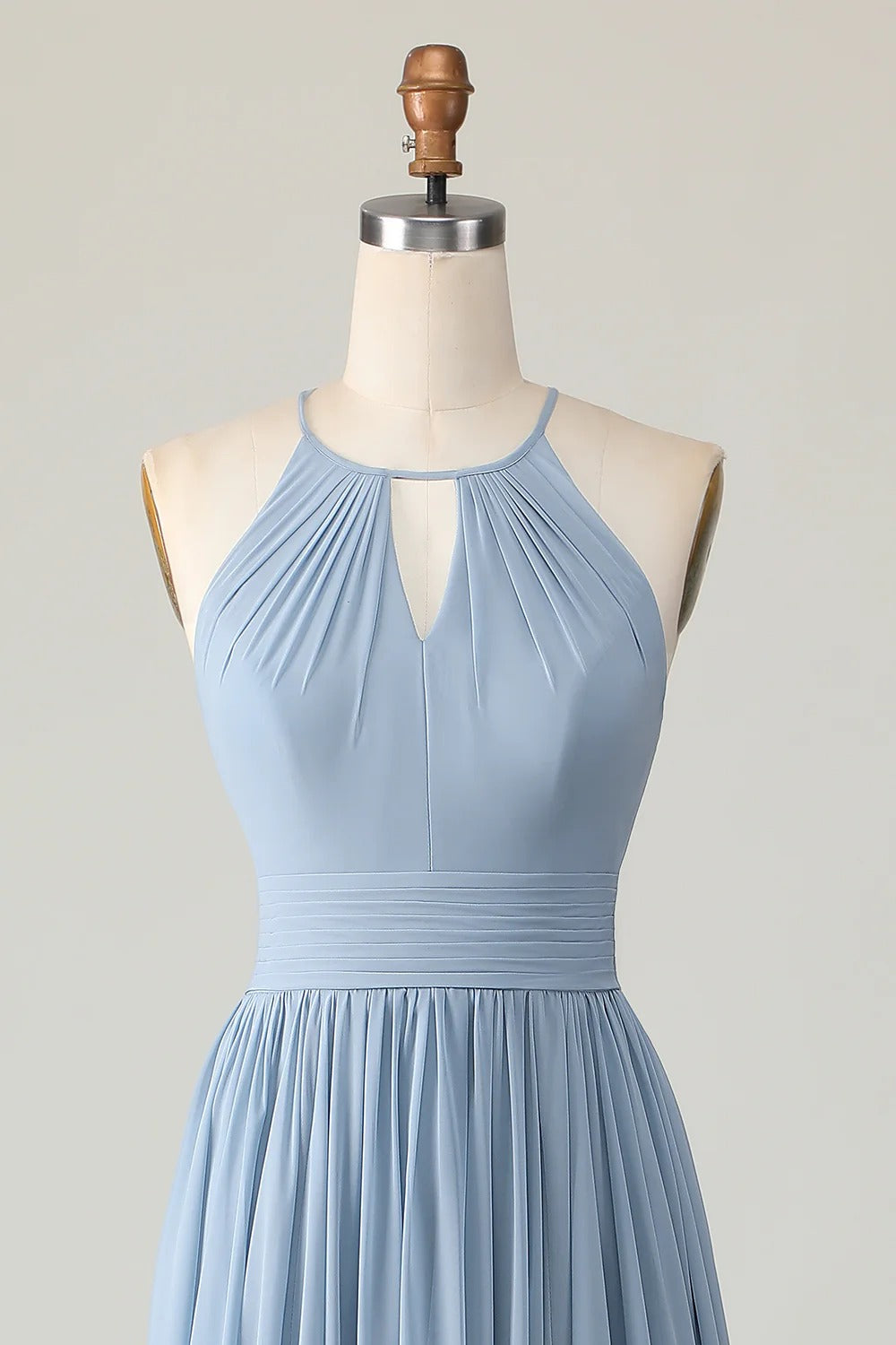 HEULORIA Dusty Blue Halter Keyhole Pleated Chiffon Bridesmaid Dress - Floor Length ED-246