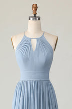 HEULORIA Dusty Blue Halter Keyhole Pleated Chiffon Bridesmaid Dress - Floor Length ED-246