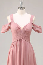 HEULORIA Elegant Dusty Rose Cold-Shoulder Chiffon Bridesmaid Dress with Criss-Cross Ruched Bodice and Side Slit ED-258