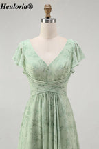 heuloria-Floral V-Neck Flutter Sleeve Bridesmaid Dress with Ruffle Slit-ed-564