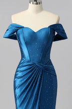 HEULORIA Elegant Off-the-Shoulder Sweetheart Mermaid Evening Dress - Shimmering Rhinestone Formal Gown with Side Slit ED-579