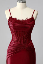HEULORIA Elegant Burgundy Satin Mermaid Evening Dress with Beaded Corset Bodice and Lace-Up Back ED-578
