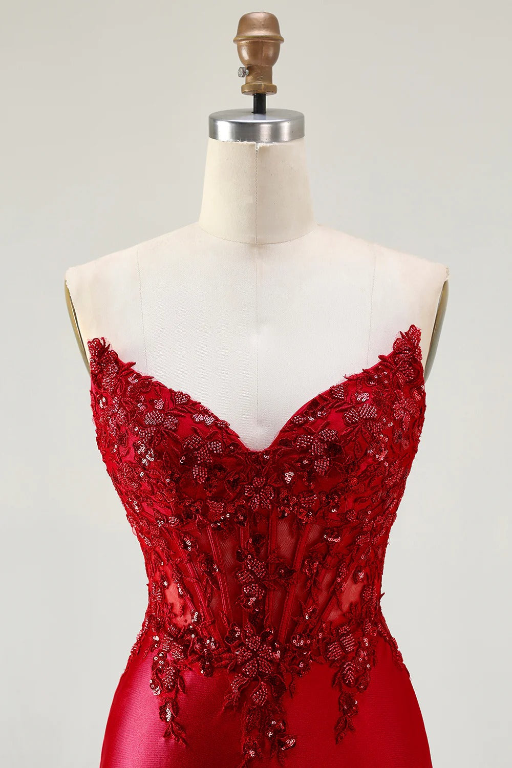 HEULORIA Elegant Red Mermaid Prom Dress with Illusion Lace Corset and High Slit ED-362