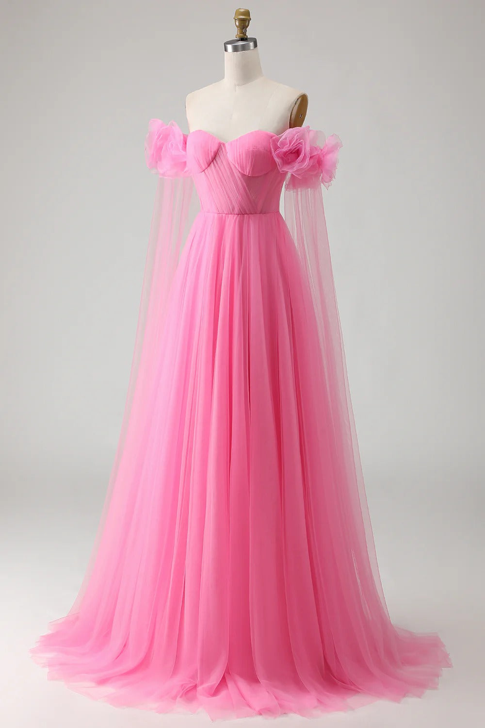 Heuloria Romantic Off-the-Shoulder Pink Tulle Prom Dress with 3D Floral Sleeves & Ruched Bodice ED-512
