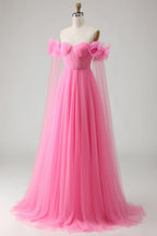 Heuloria Romantic Off-the-Shoulder Pink Tulle Prom Dress with 3D Floral Sleeves & Ruched Bodice ED-512