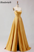 HEULORIA Strapless Golden Satin Ball Gown with Beaded Corset Bodice and Pleated Skirt ED-516