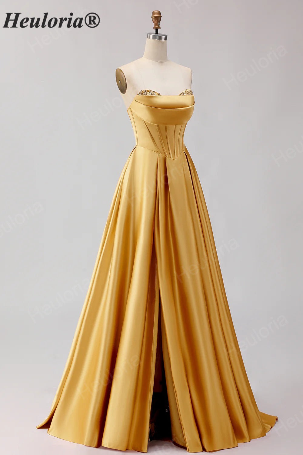 HEULORIA Strapless Golden Satin Ball Gown with Beaded Corset Bodice and Pleated Skirt ED-516