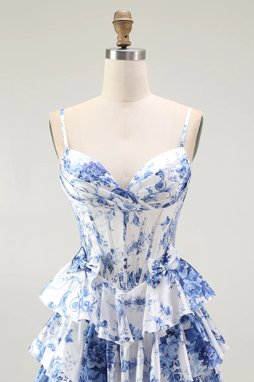 Heuloria Blue & White Floral Tiered Ruffle Maxi Dress - Elegant Spaghetti Strap Corset Prom Gown with Lace-Up Back ED-352
