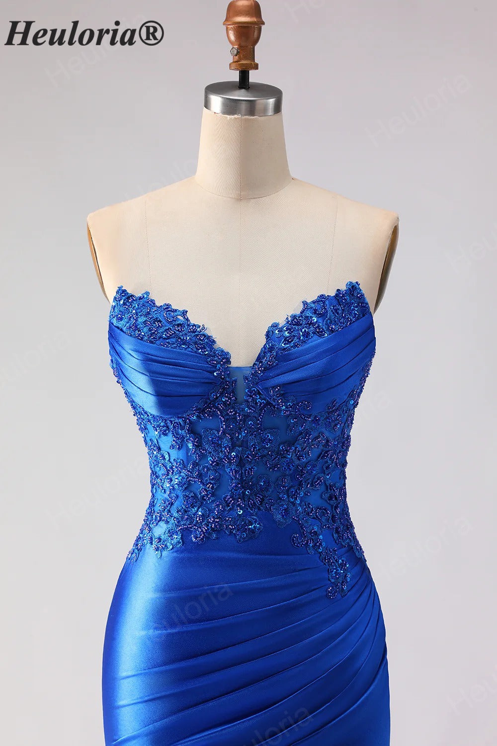 HEULORIA Royal Blue Strapless Mermaid Satin Prom Dress with Lace Appliqué & Thigh Slit ED-655