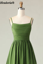 heuloria-Olive Green Pleated Bridesmaid Dress with Cascading Skirt-ed-534