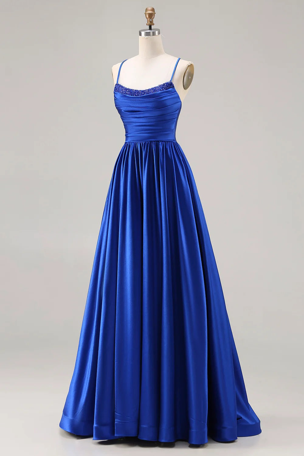 HEULORIA Royal Blue Satin A-Line Evening Dress with Beaded Neckline and Lace-up Back ED-523