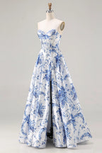 Heuloria Elegant Toile de Jouy Blue and White Porcelain Print A-Line Prom Dress with High Slit & Corset Bodice ED-513