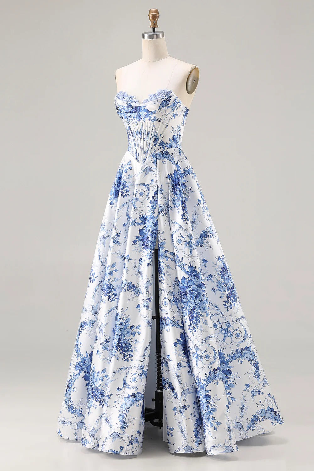 Heuloria Elegant Toile de Jouy Blue and White Porcelain Print A-Line Prom Dress with High Slit & Corset Bodice ED-513