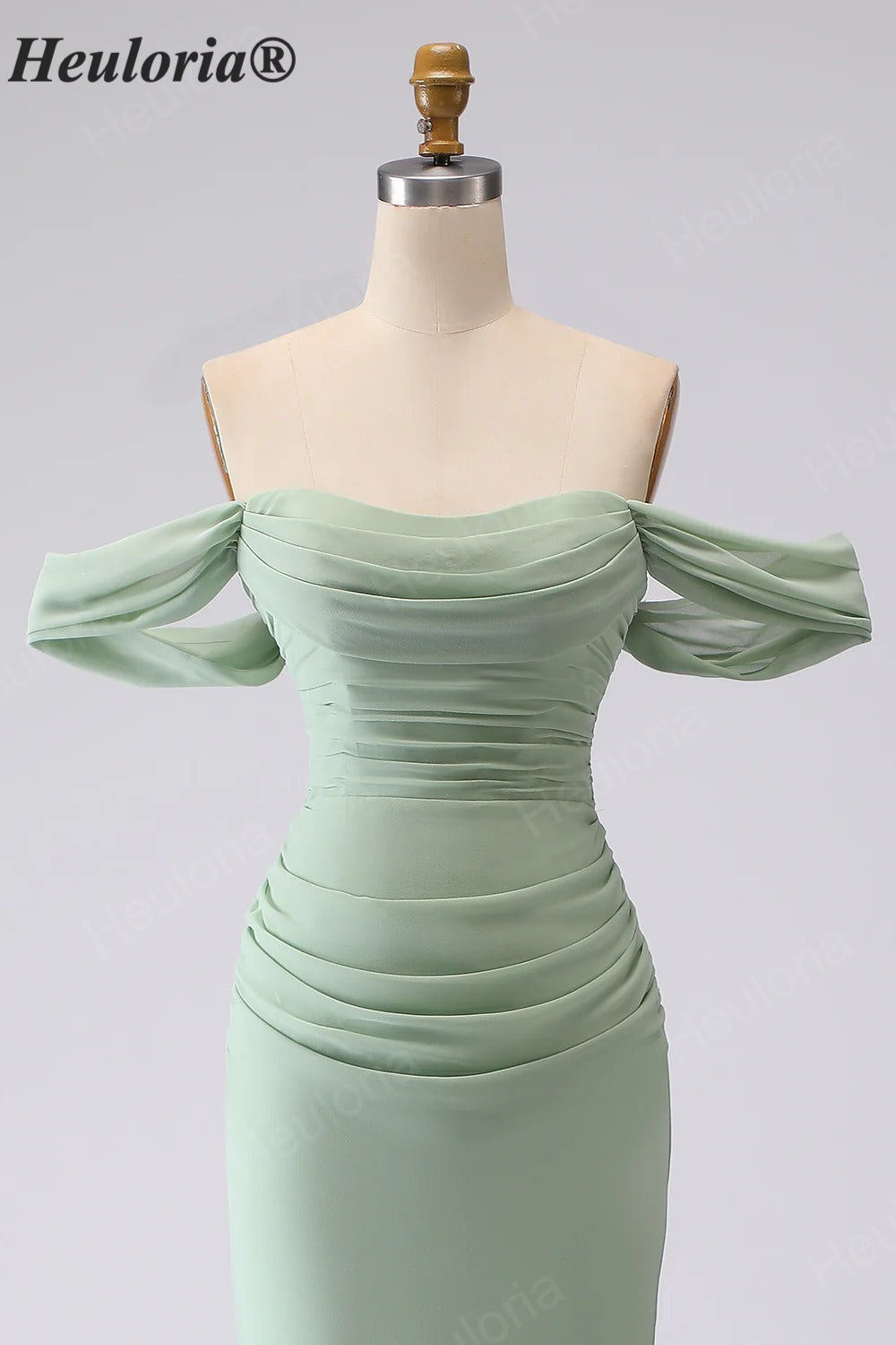 HEULORIA Elegant Off-The-Shoulder Ruched Sage Green Chiffon Mermaid Bridesmaid Dress with Lace-Up Back ED-654