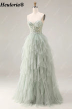 heuloria Dusty Green Floral Corset Tulle Prom Dress with Cascading Ruffles ed-518