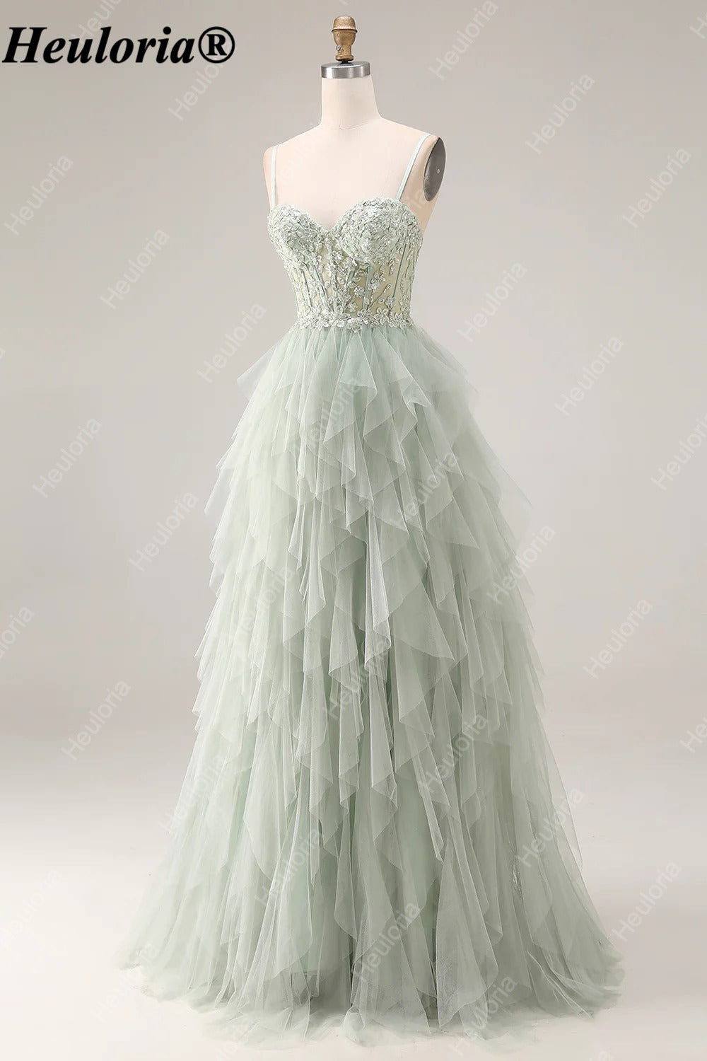heuloria Dusty Green Floral Corset Tulle Prom Dress with Cascading Ruffles ed-518