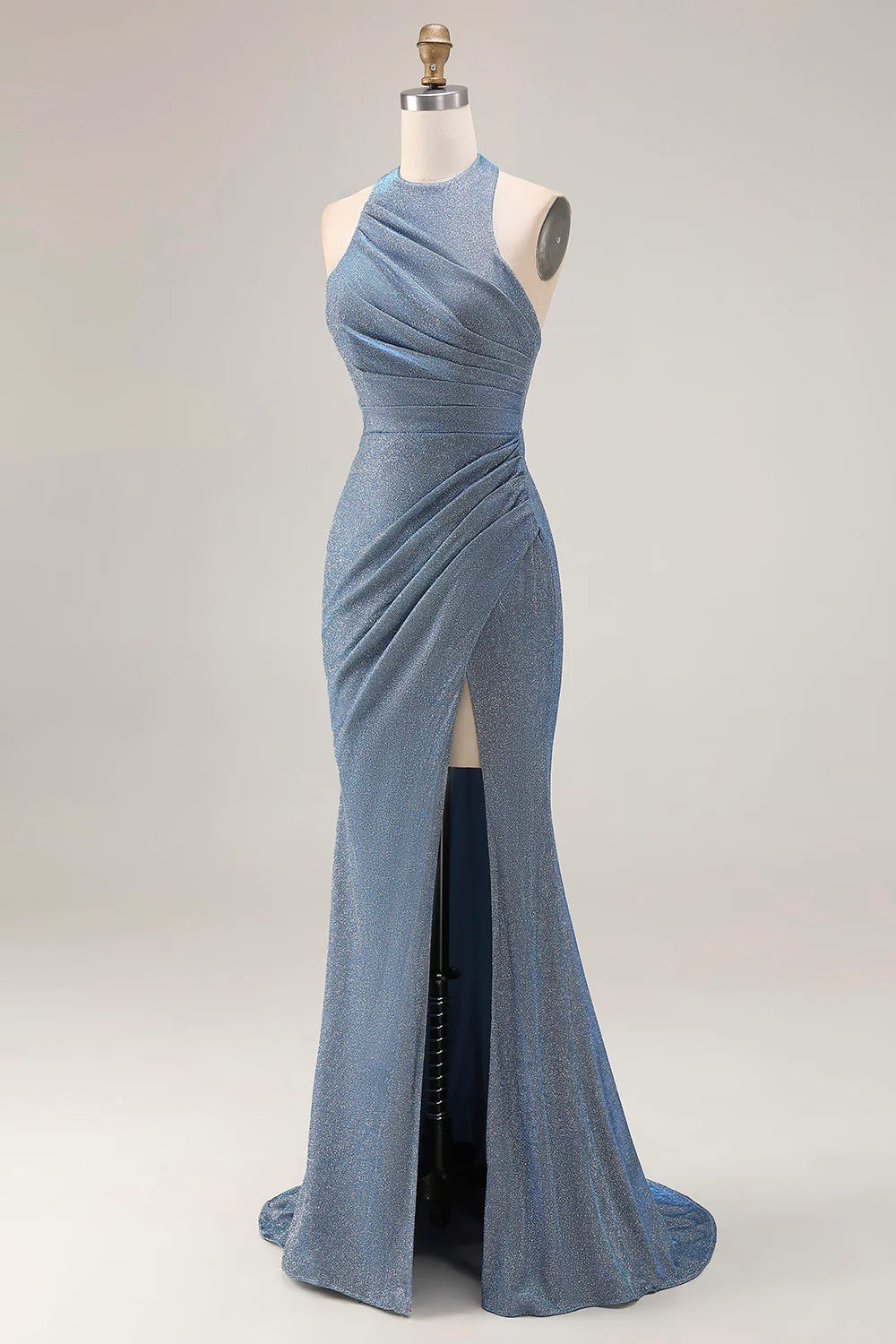 HEULORIA Shimmering Dusty Blue Halter Neck Ruched Evening Gown with High Slit ED-519