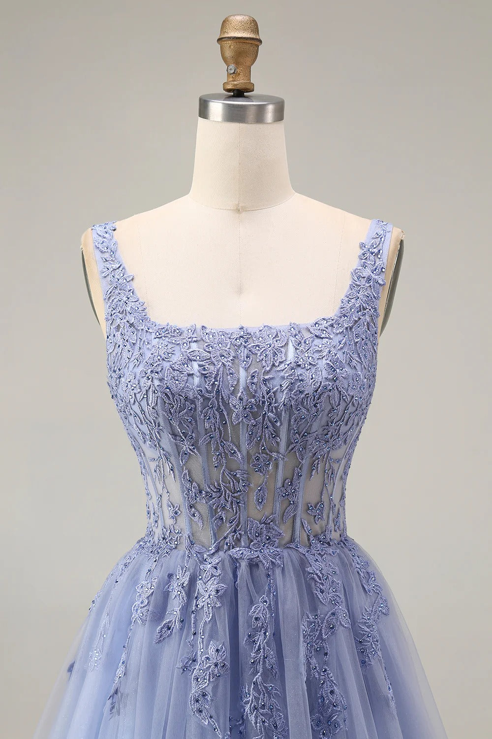 Heuloria Romantic Square Neck Lavender Lace A-Line Tulle Prom Dress with Illusion Corset Bodice ED-502