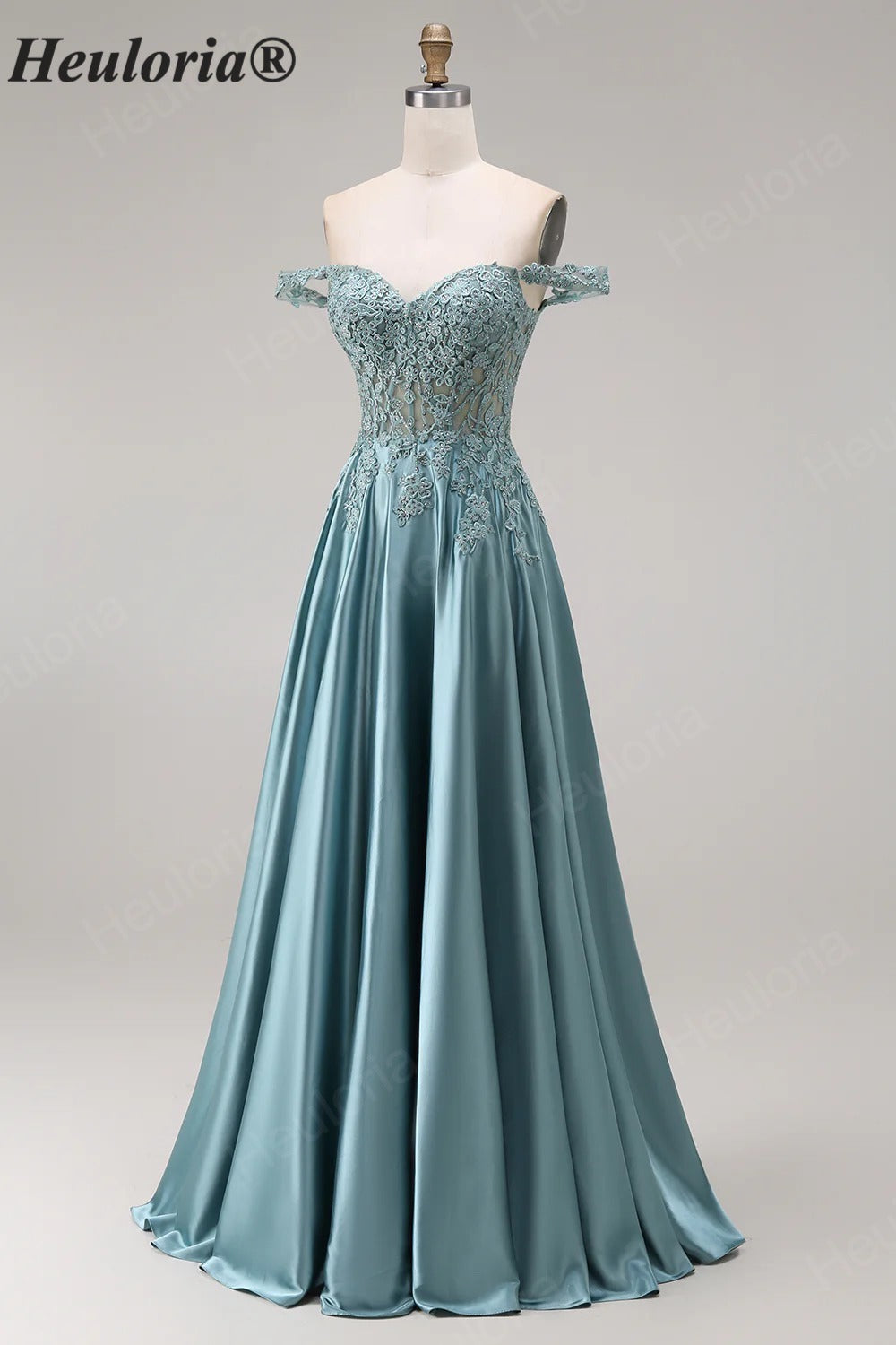Heuloria Off-the-Shoulder Illusion Lace Bodice Satin A-Line Evening Gown ED-501