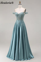 Heuloria Off-the-Shoulder Illusion Lace Bodice Satin A-Line Evening Gown ED-501