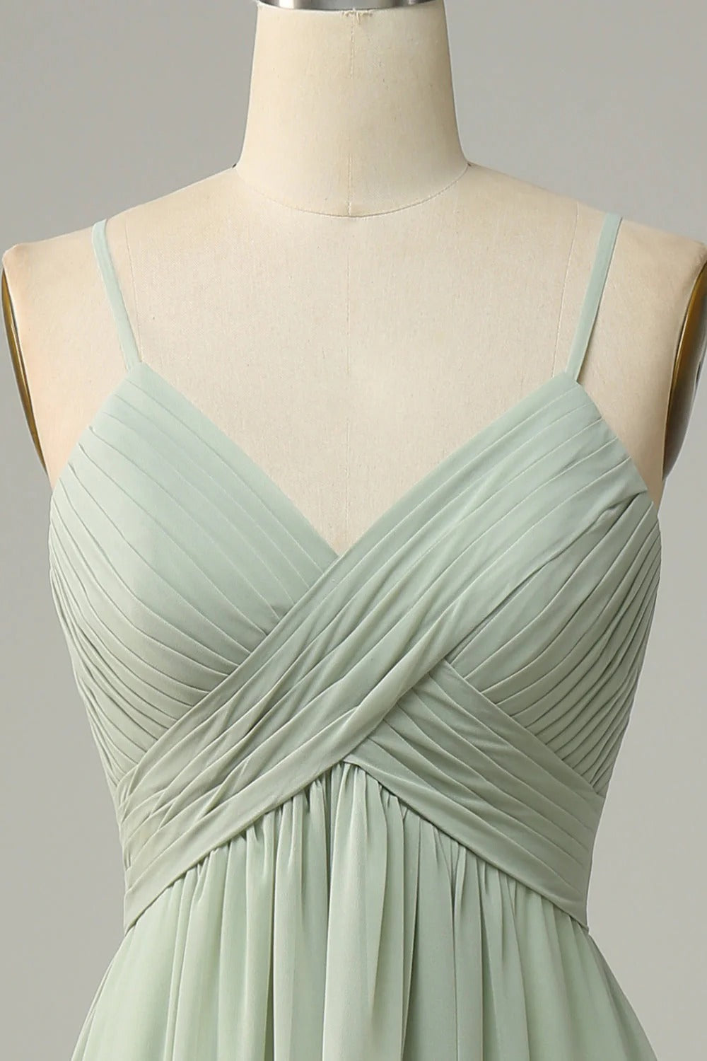 HEULORIA Dusty Sage V-Neck Criss-Cross Pleated Chiffon Maxi Dress - Adjustable Spaghetti Straps Bridesmaid Dress ED-254