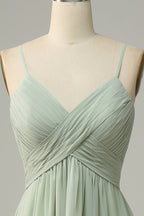 HEULORIA Dusty Sage V-Neck Criss-Cross Pleated Chiffon Maxi Dress - Adjustable Spaghetti Straps Bridesmaid Dress ED-254