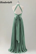 HEULORIA Halter Pleated A-Line Bridesmaid Dress with Bow Back ED-1006